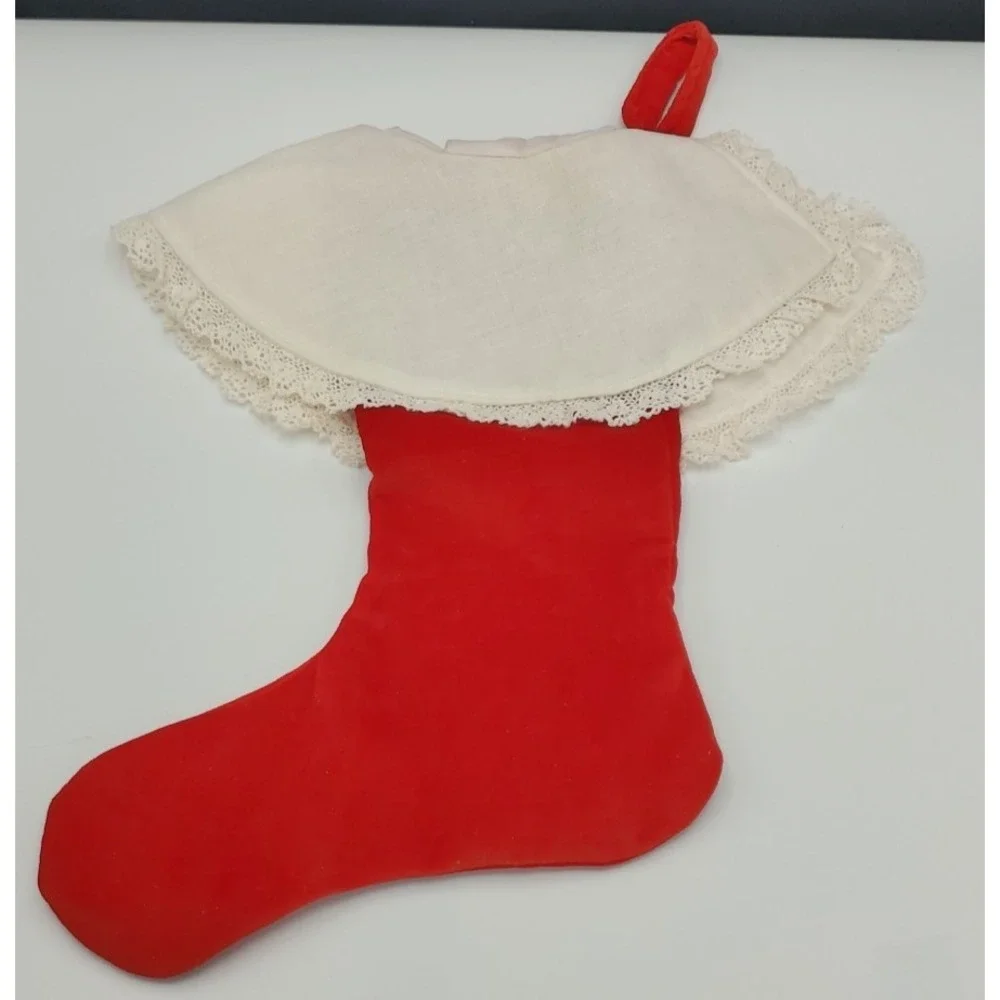 Hand Made Red Velvet Christmas Stocking With Wide Linen‎ And Lace Collar